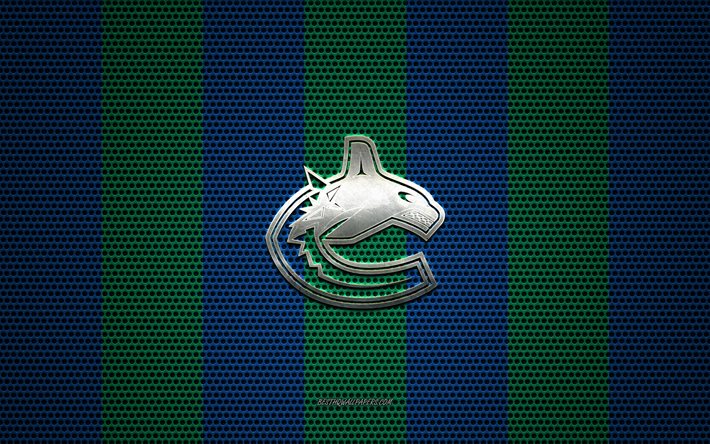 Vancouver Canucks logo, Canadian hockey club, metal emblem, blue-green metal mesh background, Vancouver Canucks, NHL, Vancouver, British Columbia, Canada, USA, hockey