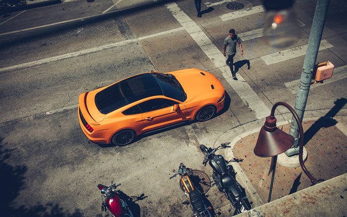 ford mustang, 2020, ansicht von oben, orange sport-coup&#233;, neue orange mustang, amerikanische sportwagen, mustang gt, ford