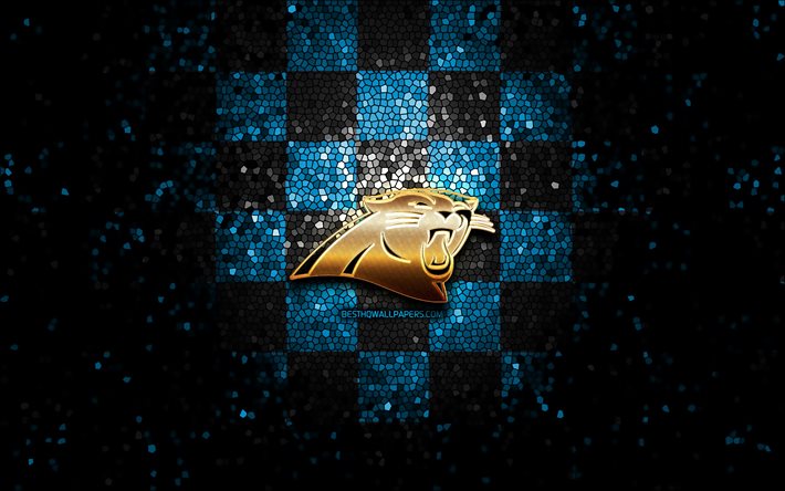 Carolina Panthers, glitter logo, NFL, blue black checkered background, USA, american football team, Carolina Panthers logo, mosaic art, american football, America