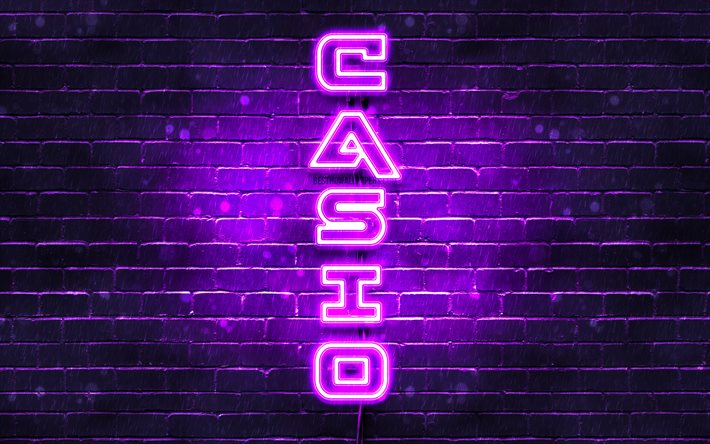 4K, Casio viola logo, testo verticale, viola, brickwall, Casio neon logo, creativo, Casio logo, la grafica, Casio