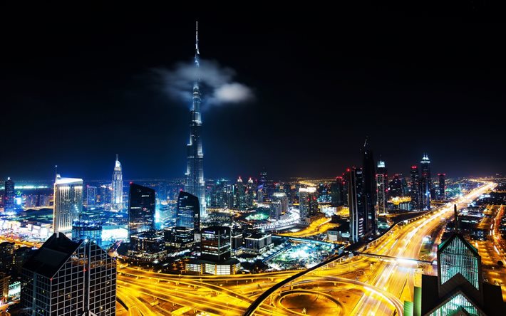 D&#252;nyada Burj Khalifa, Dubai, en y&#252;ksek kule, g&#246;kdelenler, gece, şehir, Dubai skyline, Birleşik Arap Emirlikleri