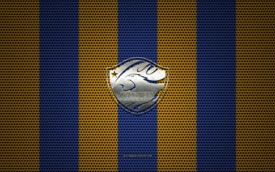 Vegalta Sendai logo, Japanese football club, metal emblem, yellow-blue metal mesh background, Vegalta Sendai, J1 League, Sendai, Japan, football, Japan Professional Football League