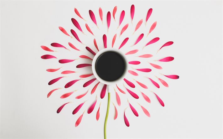 creativo de la flor, m&#237;nimo, de caf&#233;, de concepto, de Buena Ma&#241;ana, arte floral, una taza con caf&#233;