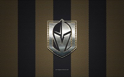 Vegas Golden Knights logo, American hockey club, metal emblem, golden black metal mesh background, Vegas Golden Knights, NHL, Las Vegas, Nevada, USA, hockey