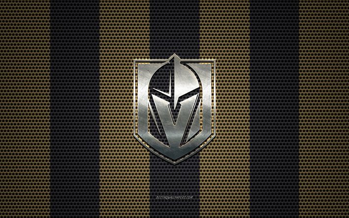 vegas golden knights-logo, american hockey club -, metall-emblem, golden-black-metal-mesh-hintergrund, vegas golden knights, nhl, las vegas, nevada, usa, hockey