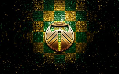Portland Timbers FC, glitter, logo, MLS, verde, giallo sfondo a scacchi, USA, Portland Timbers, Major League Soccer, Portland Timbers logo, mosaico, arte, calcio, America, Portland Timbers nuovo logo