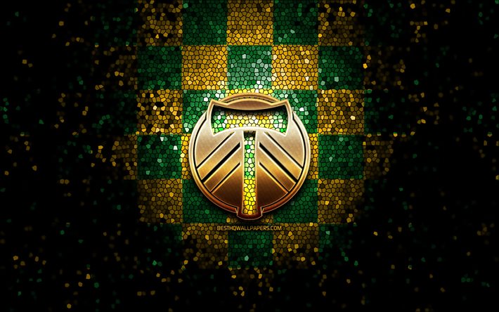 Portland Timbers FC, glitter logo, MLS, green yellow checkered background, USA, Portland Timbers, Major League Soccer, Portland Timbers logo, mosaic art, soccer, football, America, Portland Timbers new logo