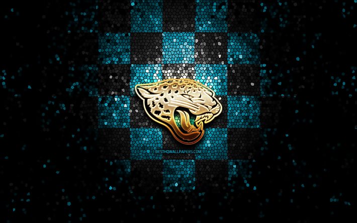 Jacksonville Jaguar, glitter logo, NFL, mavi siyah damalı arka plan, ABD, Amerikan Futbolu takımı Jacksonville Jaguar logo, mozaik sanatı, Amerikan Futbolu, Amerika