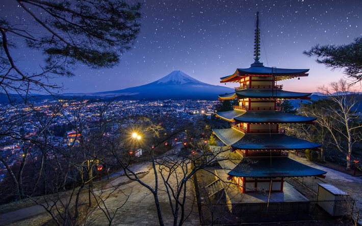富士山, 日本の寺, nightscapes, 山々, 成層火山, 霧, フジヤマ, アジア, 日本のランドマーク, 日本