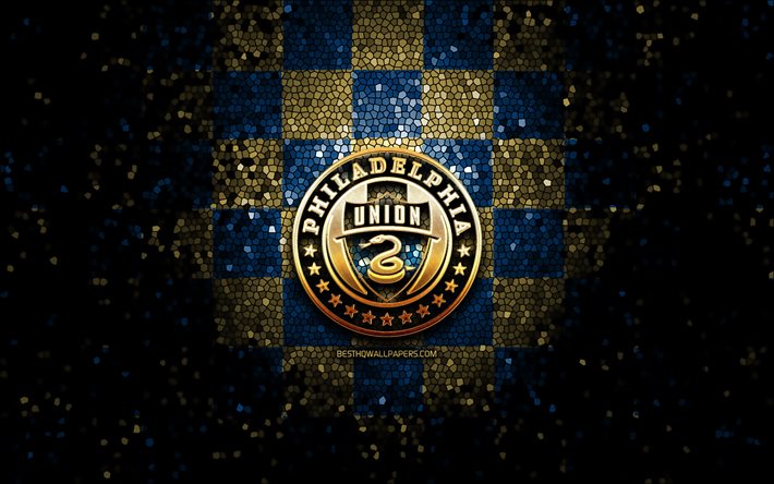Philadelphia Union FC, glitter logo, İLKAY, mavi kahverengi damalı arka plan, ABD, Amerikan futbol takımı, Philadelphia Union, Major League Soccer, Philadelphia Union logo, mozaik sanatı, futbol, Amerika