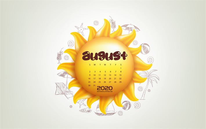 2020 أغسطس التقويم, 3d الشمس, الصيف, آب / أغسطس, الصيفية 2020 التقويمات, آب / أغسطس عام 2020 التقويم, الصيف الخلفية