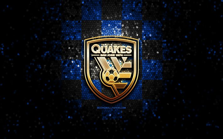 San Jose Earthquakes FC, glitter logotyp, MLS, bl&#229;-svart-rutig bakgrund, USA, amerikansk fotboll, San Jose Earthquakes, Major League Soccer, San Jose Earthquakes-logotyp, mosaik konst, fotboll, Amerika