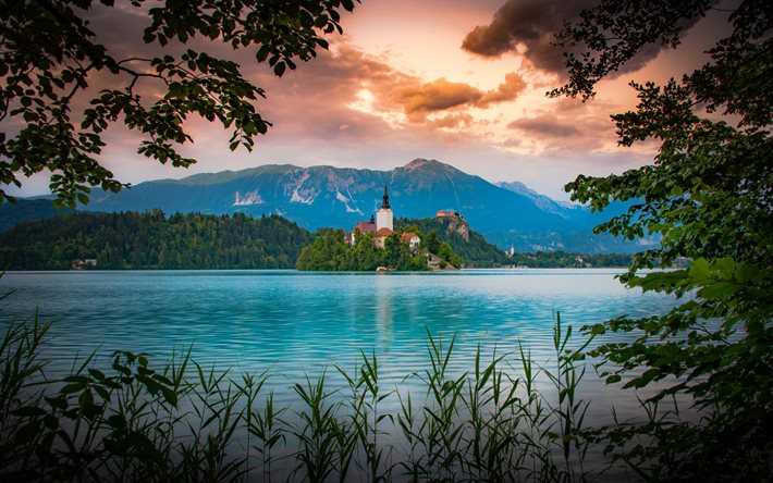 Bled, sera, tramonto, Lago di Bled, isola, chiesa, paesaggio di montagna, Alpi, Slovenia