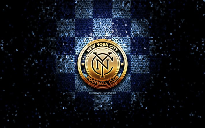 ニューヨーク市にFC, キラキラのロゴ, MLS, 青チェッカーの背景, 米国, アメリカのサッカーチーム, FCニューヨーク市, 主要リーグサッカー, FCニューヨークのロゴ, モザイクart, サッカー, 米