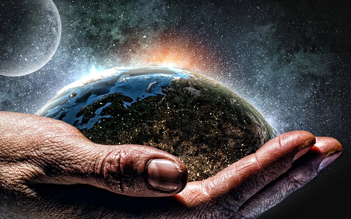 La tierra en la mano, cielo estrellado, de la mano de una persona de edad avanzada, de cuidar de la tierra, Salvar a la Tierra