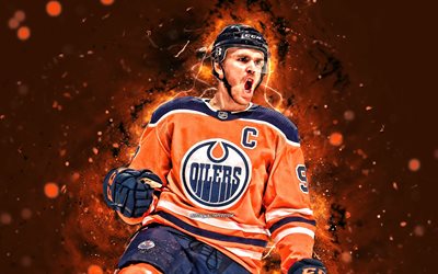 Connor McDavid, 4k, NHL, Engrasadores de Edmonton, estrellas del hockey, naranja luces de ne&#243;n, hockey, estados UNIDOS, Connor McDavid Engrasadores de Edmonton, Connor McDavid 4K