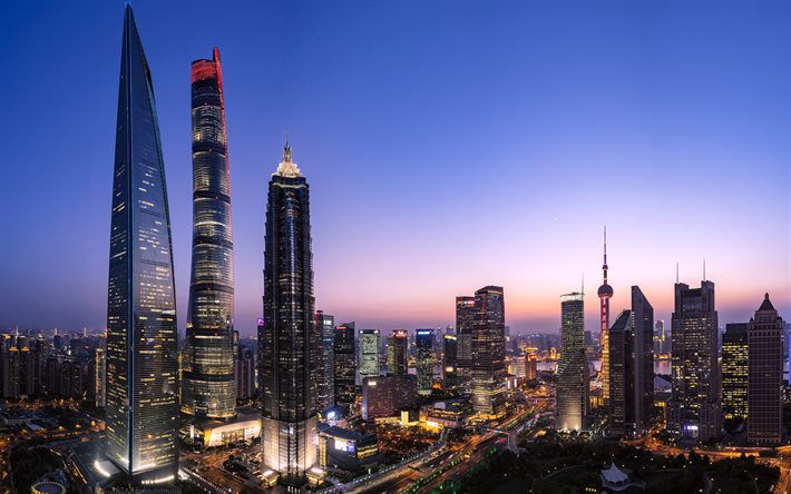 Lujiazui, Shanghai, 4k, skyline, Lokatse, chinese cities, skyscrapers, China, Asia, Shanghai at evening