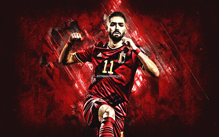 Yannick Ferreira, Belgium national football team, Belgian footballer, midfielder, red stone background, football, Belgium, Yannick Ferreira Carrasco
