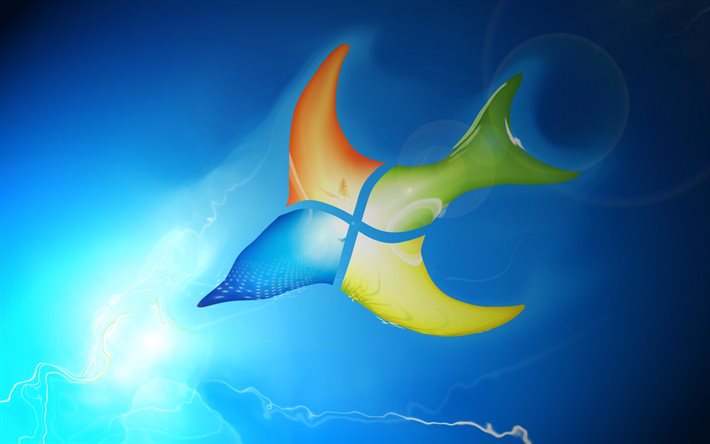 windows-bird-logo, blauer hintergrund, windows logo, emblem, das creative-logo, windows
