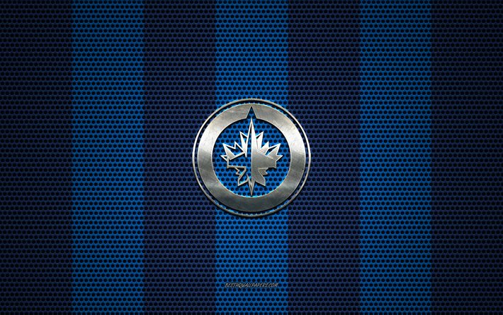 Winnipeg Jets-logo, Canadian hockey club, metalli-tunnus, blue black metal mesh tausta, Winnipeg Jets, NHL, Winnipeg, Manitoba, Kanada, USA, j&#228;&#228;kiekko