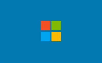 Microsoftロゴ, 4k, ミニマリズムにおけるメディウム, 青色の背景, ブランド, 創造, Microsoft