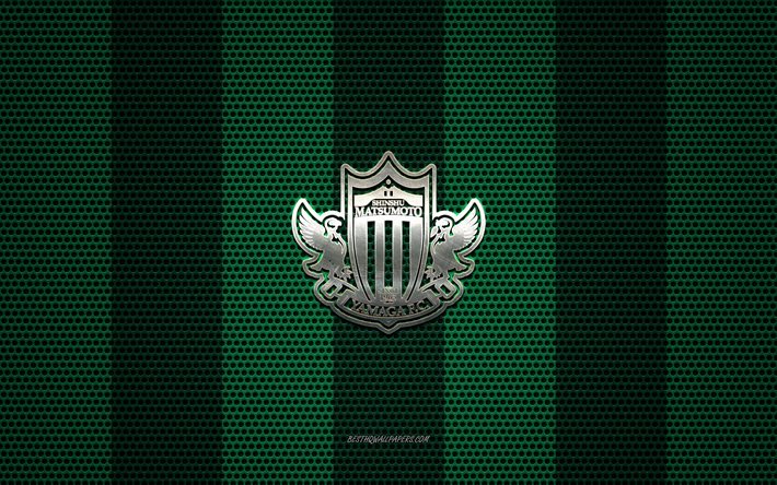 Matsumoto Yamaga FC logo, Japanese football club, metal emblem, green metal mesh background, Matsumoto Yamaga FC, J1 League, Matsumoto, Japan, football, Japan Professional Football League