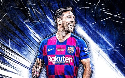 Lionel Messi, grunge art, 2020, 4k, Barcelona FC, FCB, argentinian footballers, football stars, La Liga, Messi, Leo Messi, LaLiga, Spain, blue abstract rays, Barca, soccer, Lionel Messi 4K