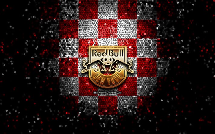 Download Wallpapers New York Red Bulls Fc Glitter Logo Mls Red White Checkered Background Usa American Soccer Team New York Red Bulls Major League Soccer New York Red Bulls Logo Mosaic Art