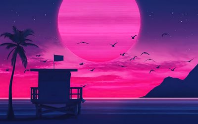 abstract sunset, beach, purple moon, lifeguard box, summer, sunset, nightscapes, abstract landscapes