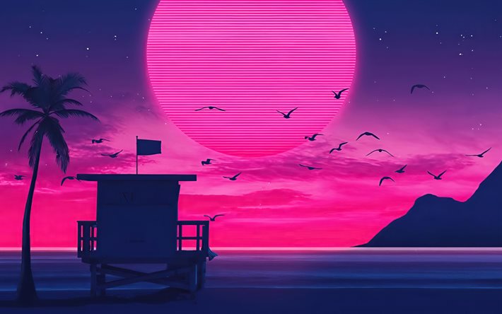 sammanfattning sunset, beach, purple moon, lifeguard box, sommar, sunset, natt, abstrakta landskap