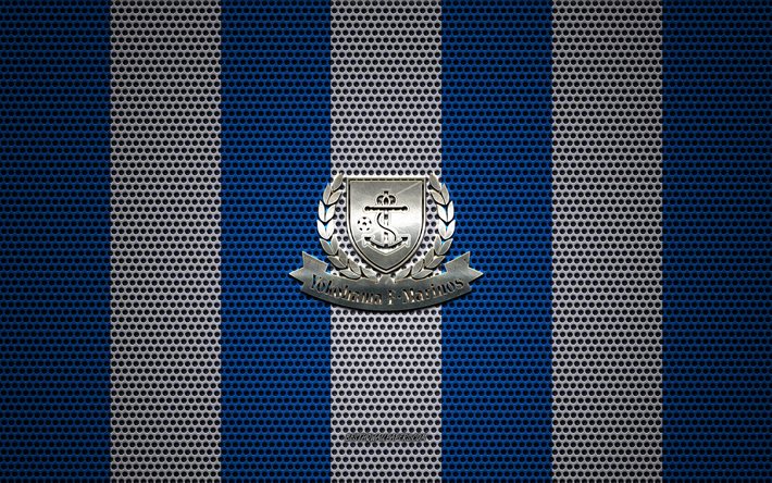 Yokohama F Marinos logo, Japanese football club, metal emblem, blue white metal mesh background, Yokohama F Marinos, J1 League, Yokohama, Japan, football, Japan Professional Football League