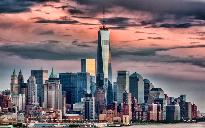 One World Trade Center, kv&#228;ll, sunset, New York, En WTC, stadsbilden, moderna byggnader, USA