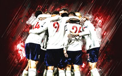 Liverpool FC, English football team, players, Liverpool, England, football, red stone background, Premier League
