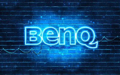 Benq mavi logo, 4k, mavi brickwall, Benq logo, marka, logo, neon Benq, Benq