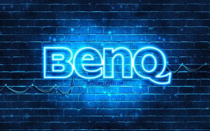 Benq logo bleu, 4k, bleu brickwall, Benq, logo, marques, Benq n&#233;on logo