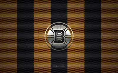 Boston Bruins logo, American hockey club, metal emblem, yellow-black metal mesh background, Boston Bruins, NHL, Boston, Massachusetts, USA, hockey