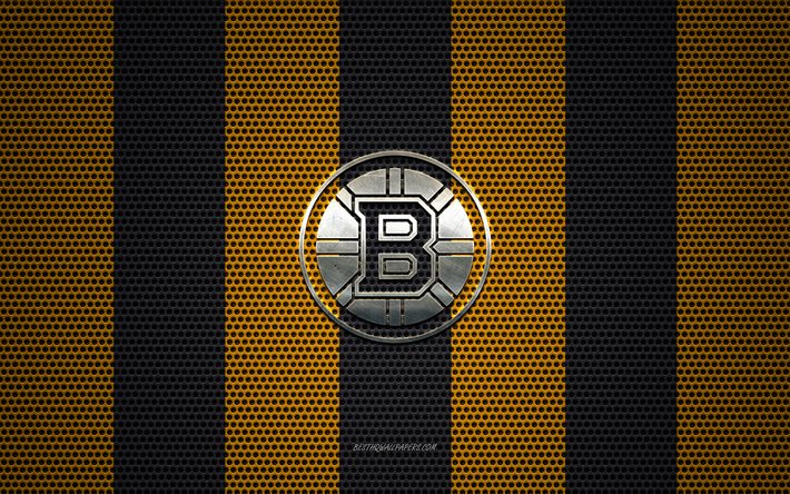 Boston Bruins logo, American hockey club, metal emblem, yellow-black metal mesh background, Boston Bruins, NHL, Boston, Massachusetts, USA, hockey