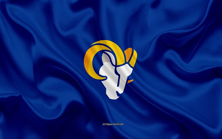 Los Angeles Rams nuevo logotipo de seda azul de la bandera, de la NFL, f&#250;tbol americano, nuevo emblema, estados UNIDOS, Los Angeles Rams, Carneros de la nueva 2020 logotipo de seda de la textura