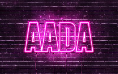 Aada, 4k, isimlerle duvar kağıtları, kadın isimleri, Aada adı, mor neon ışıklar, Mutlu Yıllar Aada, pop&#252;ler Fin kadın isimleri, Aada isimli resim