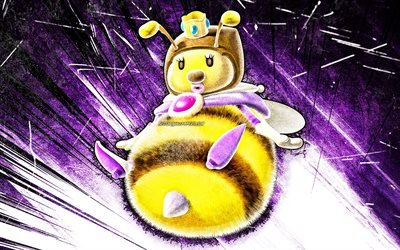 4k, Honey Queen, art grunge, abeille de dessin anim&#233;, Super Mario, rayons abstraits violets, personnages de Super Mario, Super Mario Bros, Honey Queen Super Mario