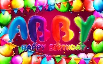 Happy Birthday Abby, 4k, colorful balloon frame, Abby name, purple background, Abby Happy Birthday, Abby Birthday, popular american female names, Birthday concept, Abby