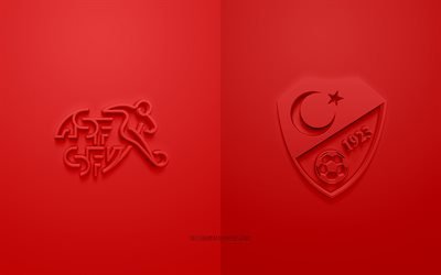 Schweiz vs Turkiet, UEFA Euro 2020, Grupp A, 3D-logotyper, röd bakgrund, Euro 2020, fotbollsmatch, Schweiz fotbollslandslag, Turkiets fotbollslandslag