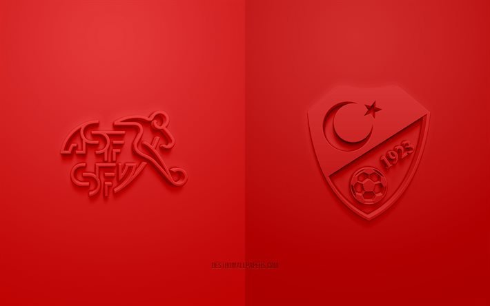 Suisse vs Turquie, UEFA Euro 2020, Groupe A, logos 3D, fond rouge, Euro 2020, match de football, &#233;quipe nationale de football suisse, &#233;quipe nationale de football de Turquie
