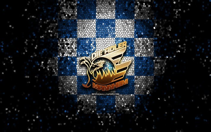 Adler Mannheim, glitter logo, DEL, blue white checkered background, hockey, german hockey team, Adler Mannheim logo, mosaic art, Deutsche Eishockey Liga, german hockey league