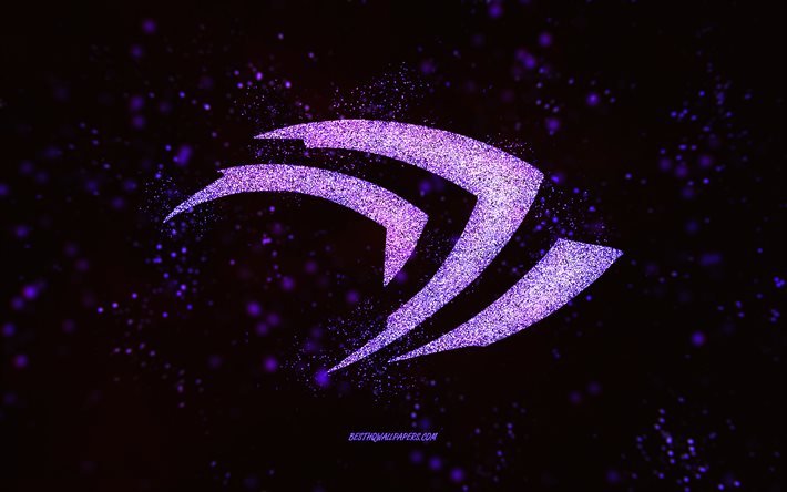 Logo de paillettes Nvidia, fond noir, logo Nvidia, art de paillettes violet, Nvidia, art cr&#233;atif, logo paillettes violet Nvidia