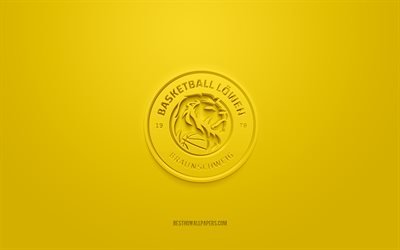 Basketball Lions Braunschweig, creative 3D logo, yellow background, 3d emblem, German basketball club, Basketball Bundesliga, Braunschweig, Germany, 3d art, basketball, Basketball Lions Braunschweig 3d logo