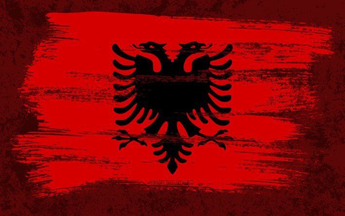 4k, bandiera dell&#39;Albania, bandiere del grunge, paesi europei, simboli nazionali, tratto di pennello, bandiera albanese, arte grunge, Europa, Albania