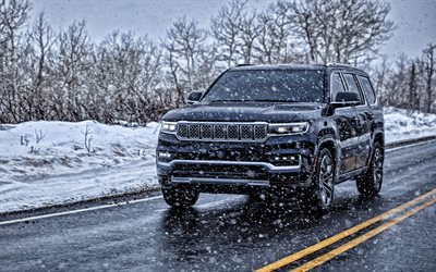 2022, Jeep Grand Wagoneer, exterior, front view, new black Grand Wagoneer, winter, american cars, Jeep