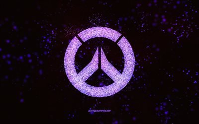 Overwatch glitter logo, black background, Overwatch logo, purple glitter art, Overwatch, creative art, Overwatch purple glitter logo