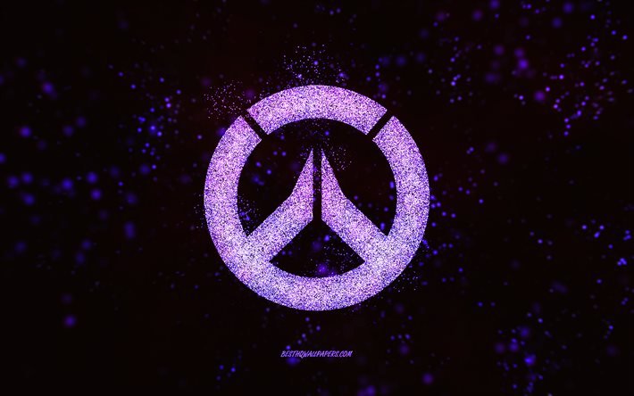 Overwatch-kimallelogo, mustalla taustalla, Overwatch-logo, violetti kimallustaide, Overwatch, luovaa taidetta, Overwatch-violetti kimallelogo